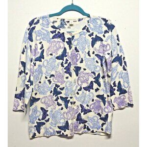 COLDWATER CREEK Cardigan Sweater XS white blue TEAPOTS BUTTERFLIES Novelty print